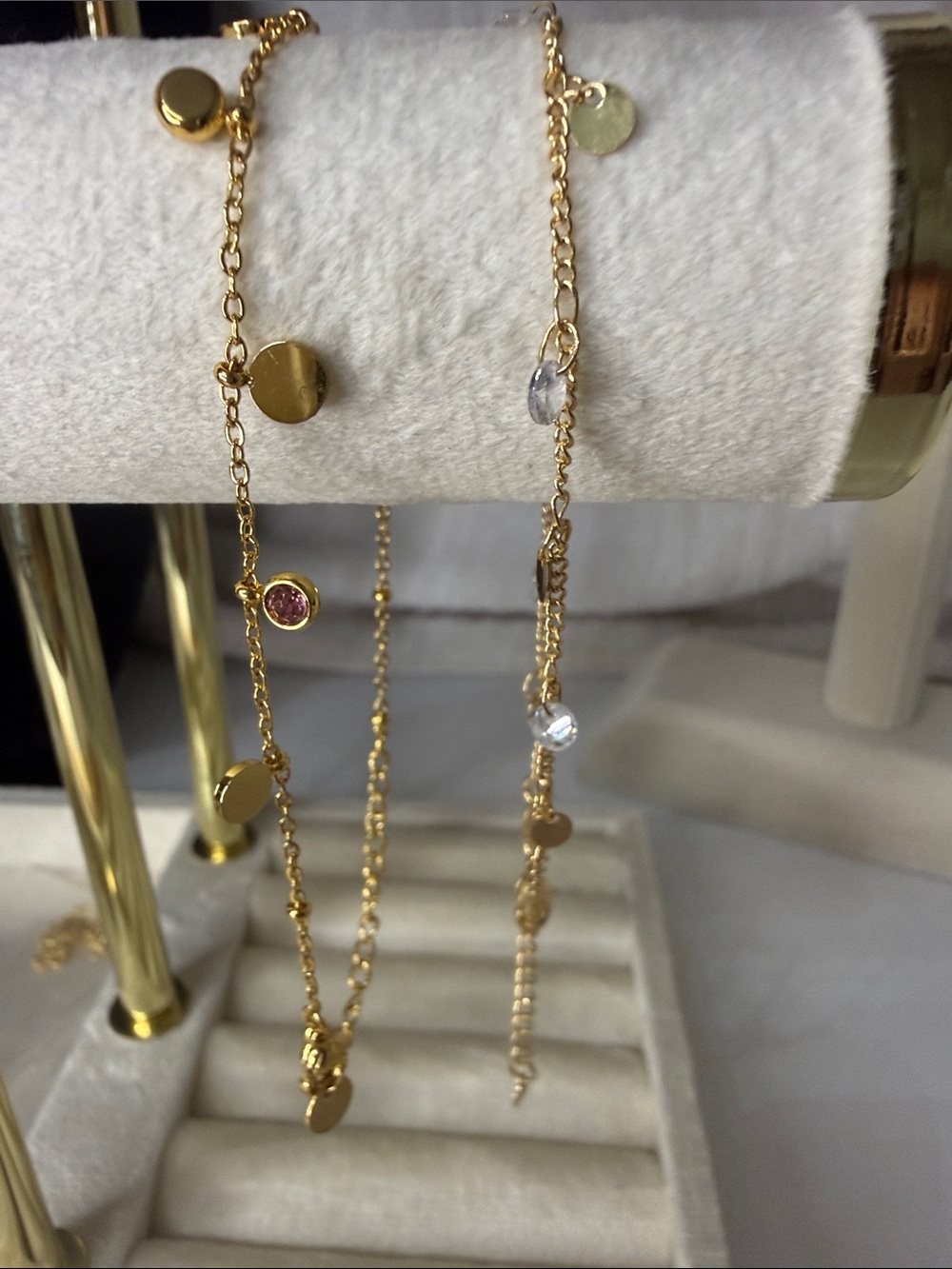 Gold Disc Station Bracelet/anklet with Pink and Clear Stones